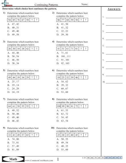 Patterns & Function Machine Worksheets - Continuing Patterns  worksheet